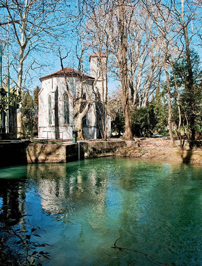 Le risorgive del Timavo  sullo sfondo la chiesa di S. Giovanni in Tuba più volte distrutta e ricostruita. 